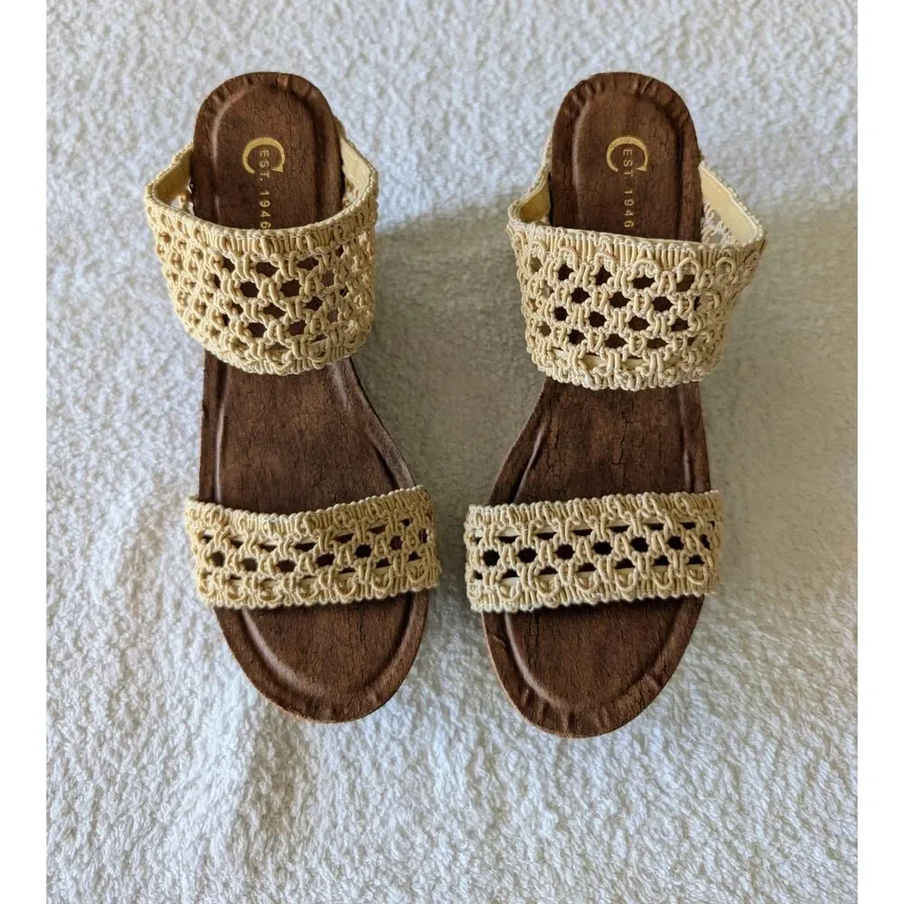 C Est 1946 8M Crochet Wedge Sandals Cream Brown Boho Macrame Studded
